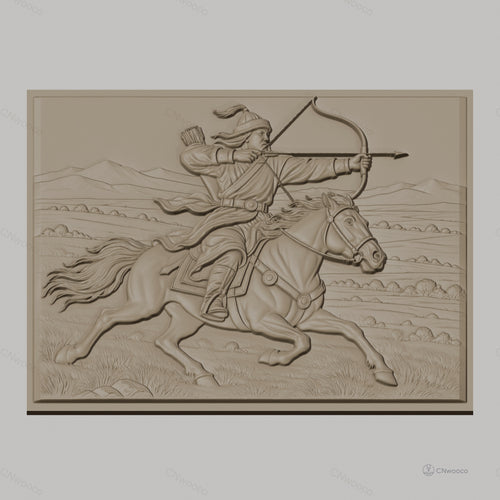 Fichier CNC & impression 3D cavalier archer à cheval tir à l'arc, paysage montagne relief, haute qualité relief STL