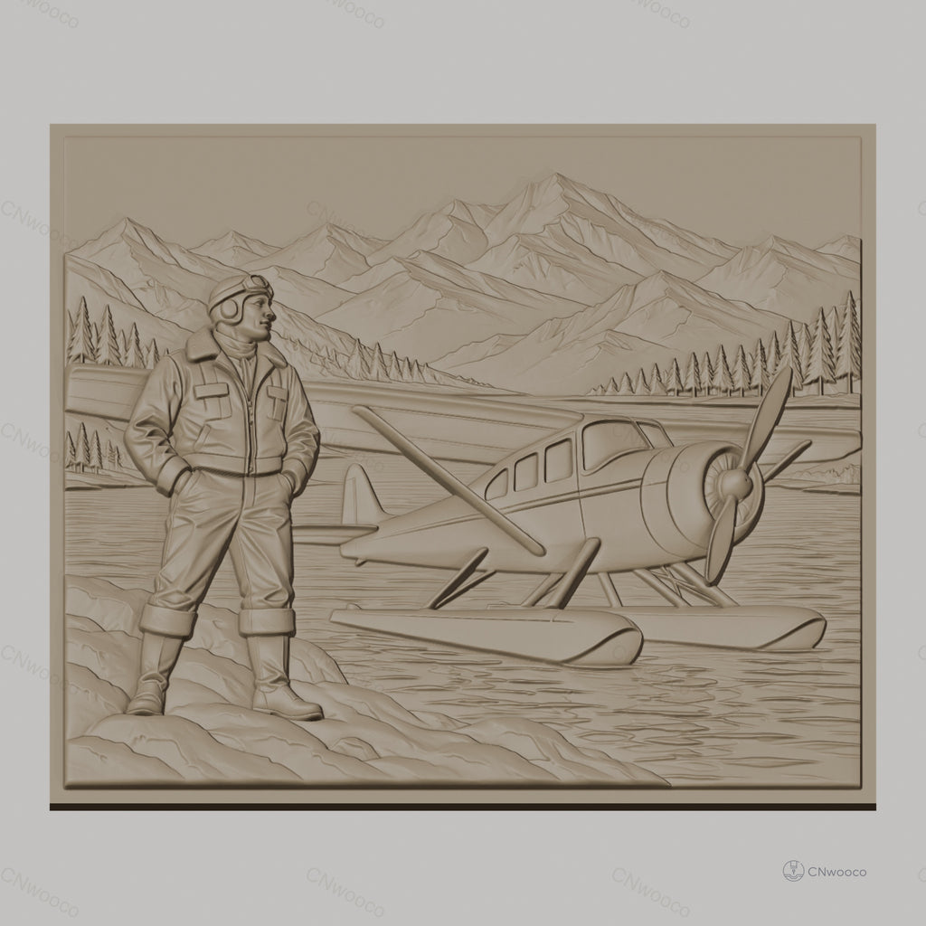 Fichier CNC & impression 3D pilote d'avion et hydravion sur lac montagnard, haute qualité relief STL