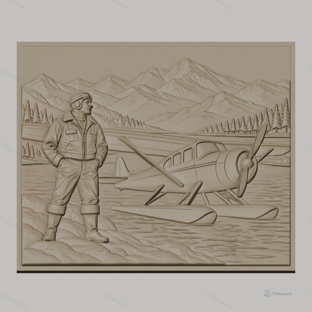 Fichier CNC & impression 3D pilote d'avion et hydravion sur lac montagnard, haute qualité relief STL