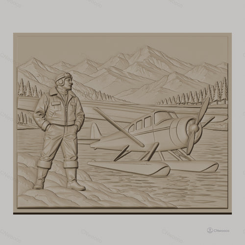 Fichier CNC & impression 3D pilote d'avion et hydravion sur lac montagnard, haute qualité relief STL