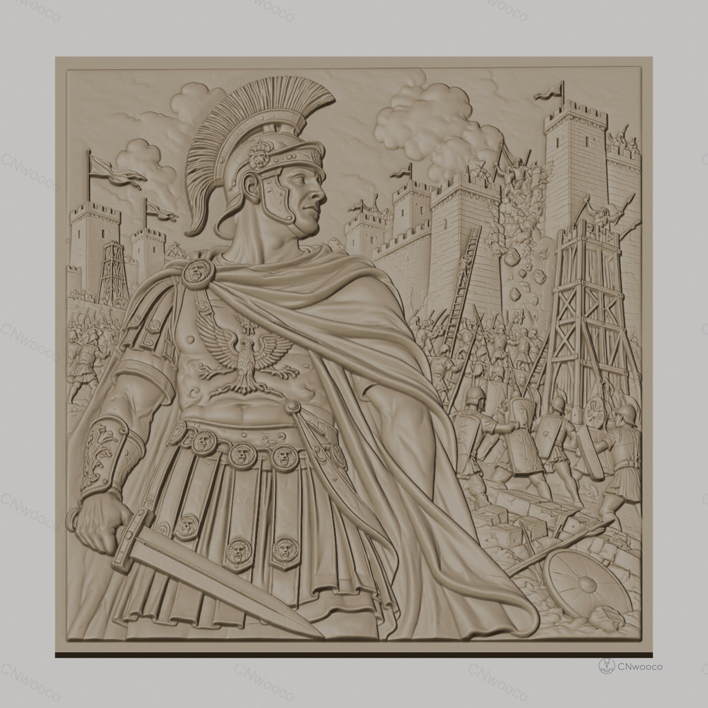 Fichier CNC & impression 3D empereur romain, bataille de siège avec soldats et catapultes, haute qualité relief STL