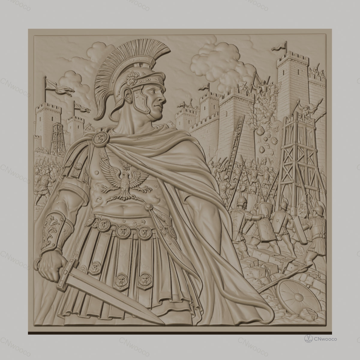 Fichier CNC & impression 3D empereur romain, bataille de siège avec soldats et catapultes, haute qualité relief STL