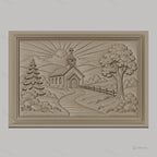 Fichier CNC & impression 3D église de campagne, paysage religieux avec soleil et arbres, haute qualité relief STL
