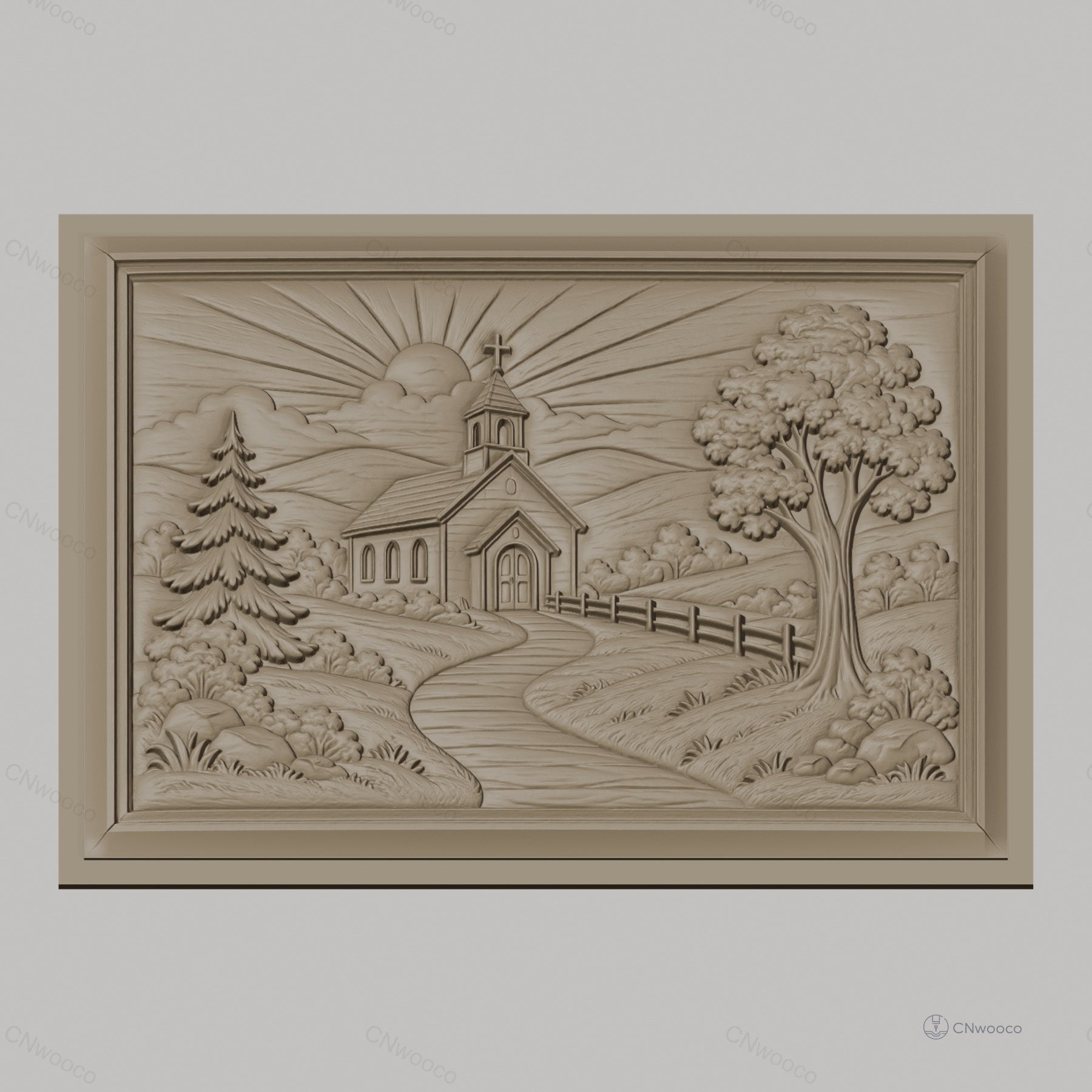 Fichier CNC & impression 3D église de campagne, paysage religieux avec soleil et arbres, haute qualité relief STL