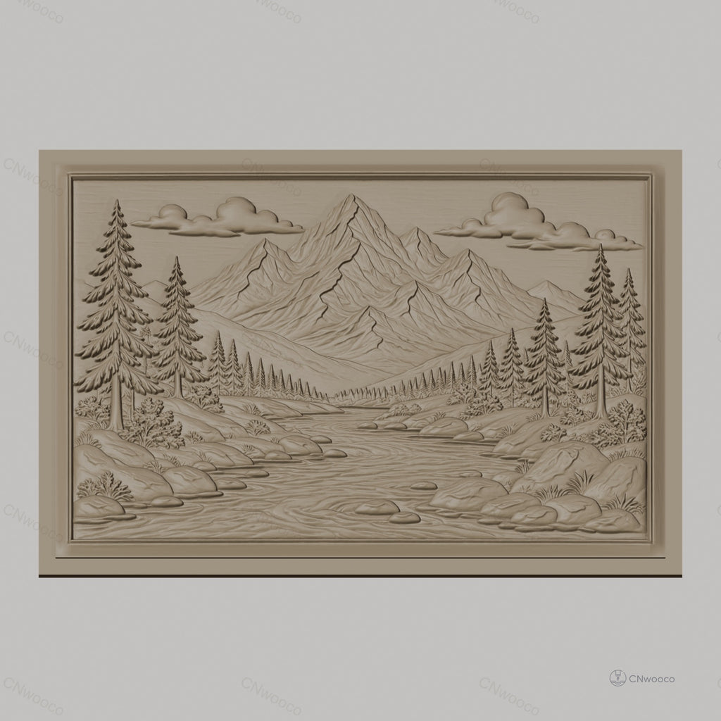 Fichier CNC & impression 3D paysage montagne rivière sapins haute qualité relief STL