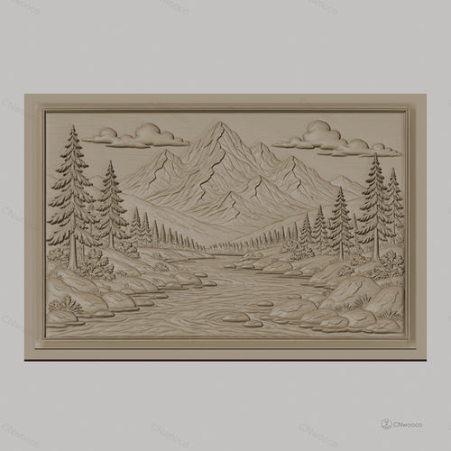 Fichier CNC & impression 3D paysage montagne rivière sapins haute qualité relief STL