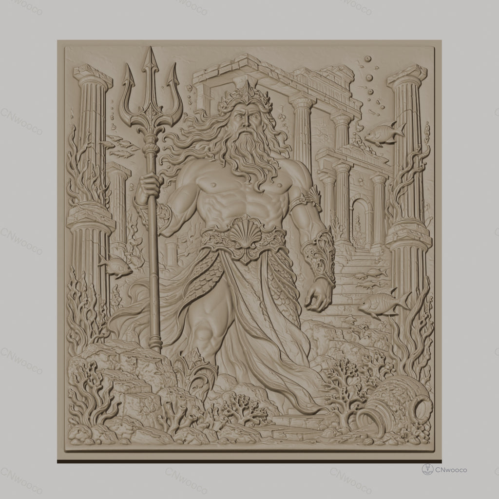 Fichier CNC & impression 3D Poseidon dieu de la mer, trident, ruines antiques, haute qualité relief STL