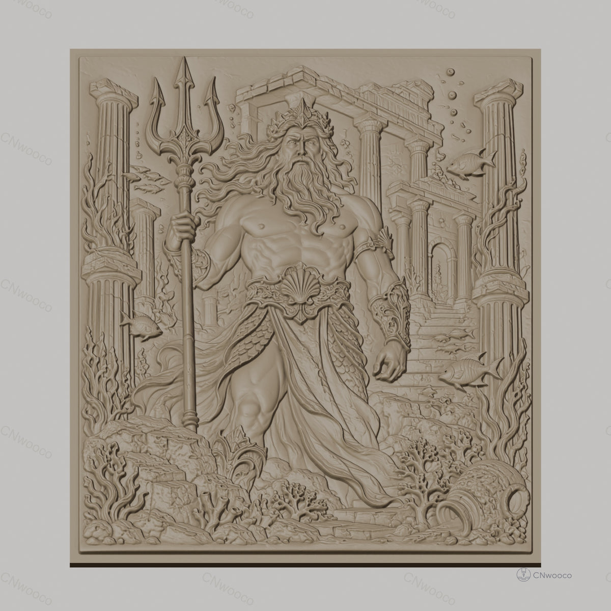 Fichier CNC & impression 3D Poseidon dieu de la mer, trident, ruines antiques, haute qualité relief STL