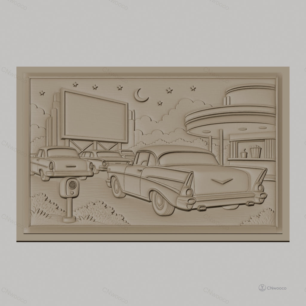 Fichier CNC & impression 3D scène drive-in rétro avec voitures vintage, panneau publicitaire et kiosque, haute qualité relief STL