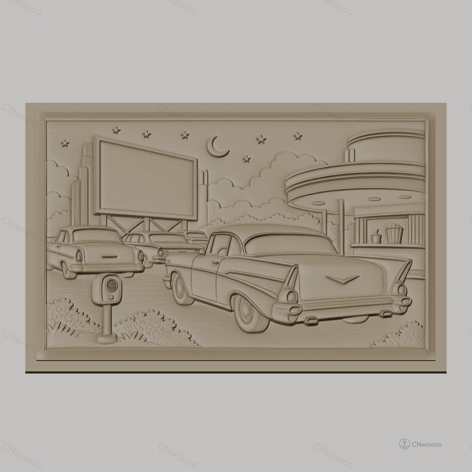 Fichier CNC & impression 3D scène drive-in rétro avec voitures vintage, panneau publicitaire et kiosque, haute qualité relief STL
