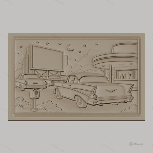 Fichier CNC & impression 3D scène drive-in rétro avec voitures vintage, panneau publicitaire et kiosque, haute qualité relief STL
