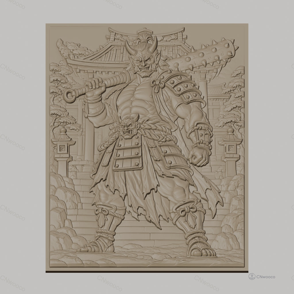 Fichier CNC & impression 3D Oni japonais guerrier, relief détaillé avec bâtiment traditionnel, haute qualité relief STL