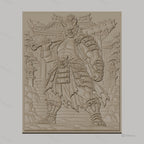 Fichier CNC & impression 3D Oni japonais guerrier, relief détaillé avec bâtiment traditionnel, haute qualité relief STL