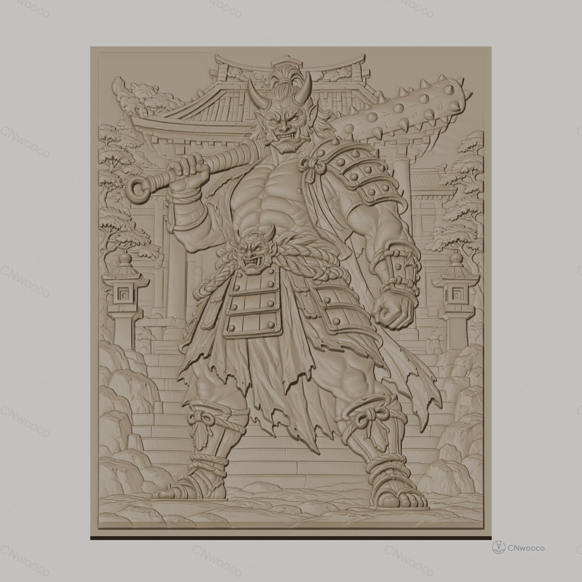 Fichier CNC & impression 3D Oni japonais guerrier, relief détaillé avec bâtiment traditionnel, haute qualité relief STL