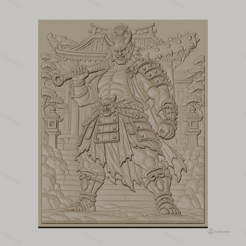 Fichier CNC & impression 3D Oni japonais guerrier, relief détaillé avec bâtiment traditionnel, haute qualité relief STL
