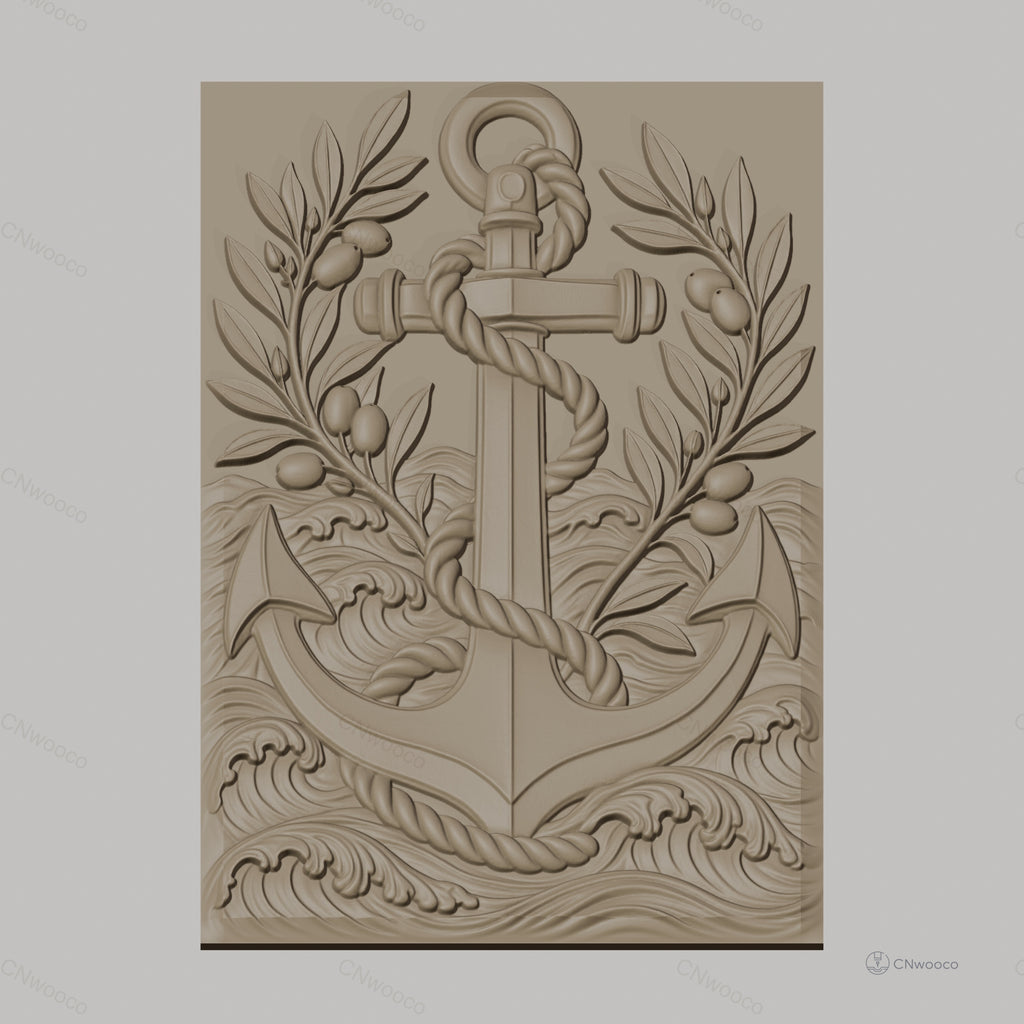 Fichier CNC & impression 3D ancre marine, corde, branches d'olivier, vagues, haute qualité relief STL