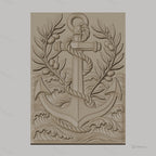 Fichier CNC & impression 3D ancre marine, corde, branches d'olivier, vagues, haute qualité relief STL