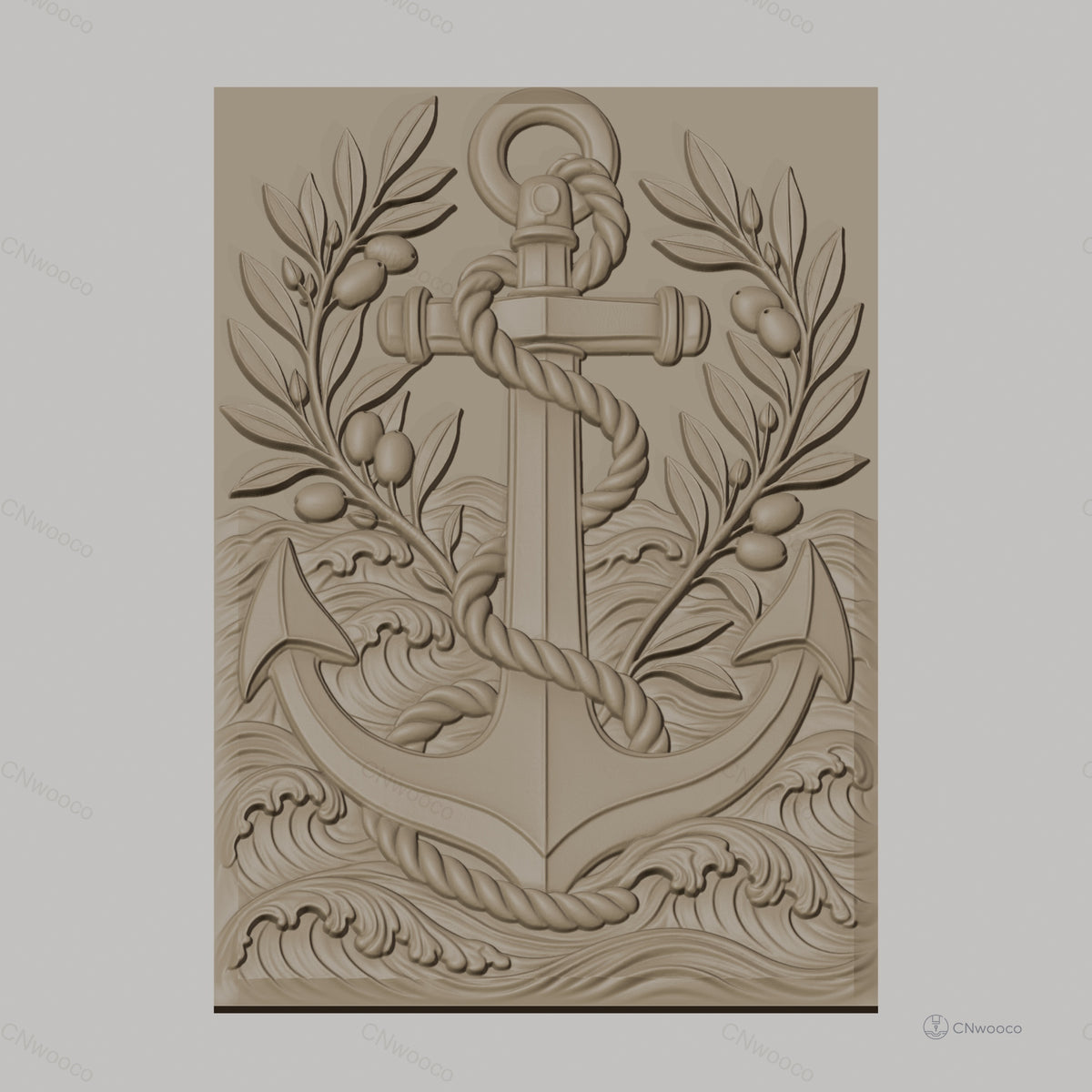 Fichier CNC & impression 3D ancre marine, corde, branches d'olivier, vagues, haute qualité relief STL
