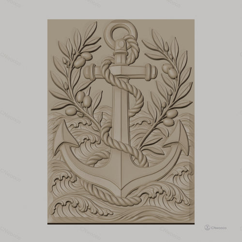 Fichier CNC & impression 3D ancre marine, corde, branches d'olivier, vagues, haute qualité relief STL