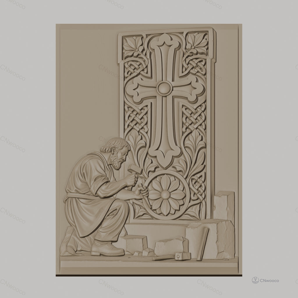 Fichier CNC & impression 3D artisan tailleur de pierre, croix sculptée et motifs floraux, haute qualité relief STL