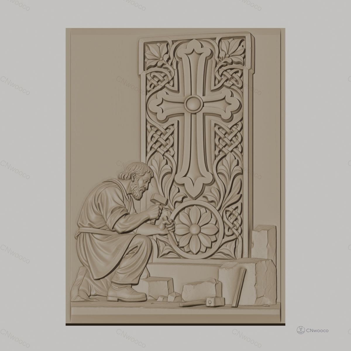 Fichier CNC & impression 3D artisan tailleur de pierre, croix sculptée et motifs floraux, haute qualité relief STL