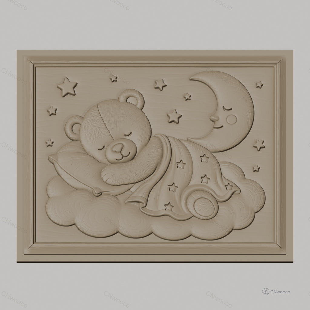 Fichier CNC & impression 3D ours endormi sur nuage, lune et étoiles, haute qualité relief STL