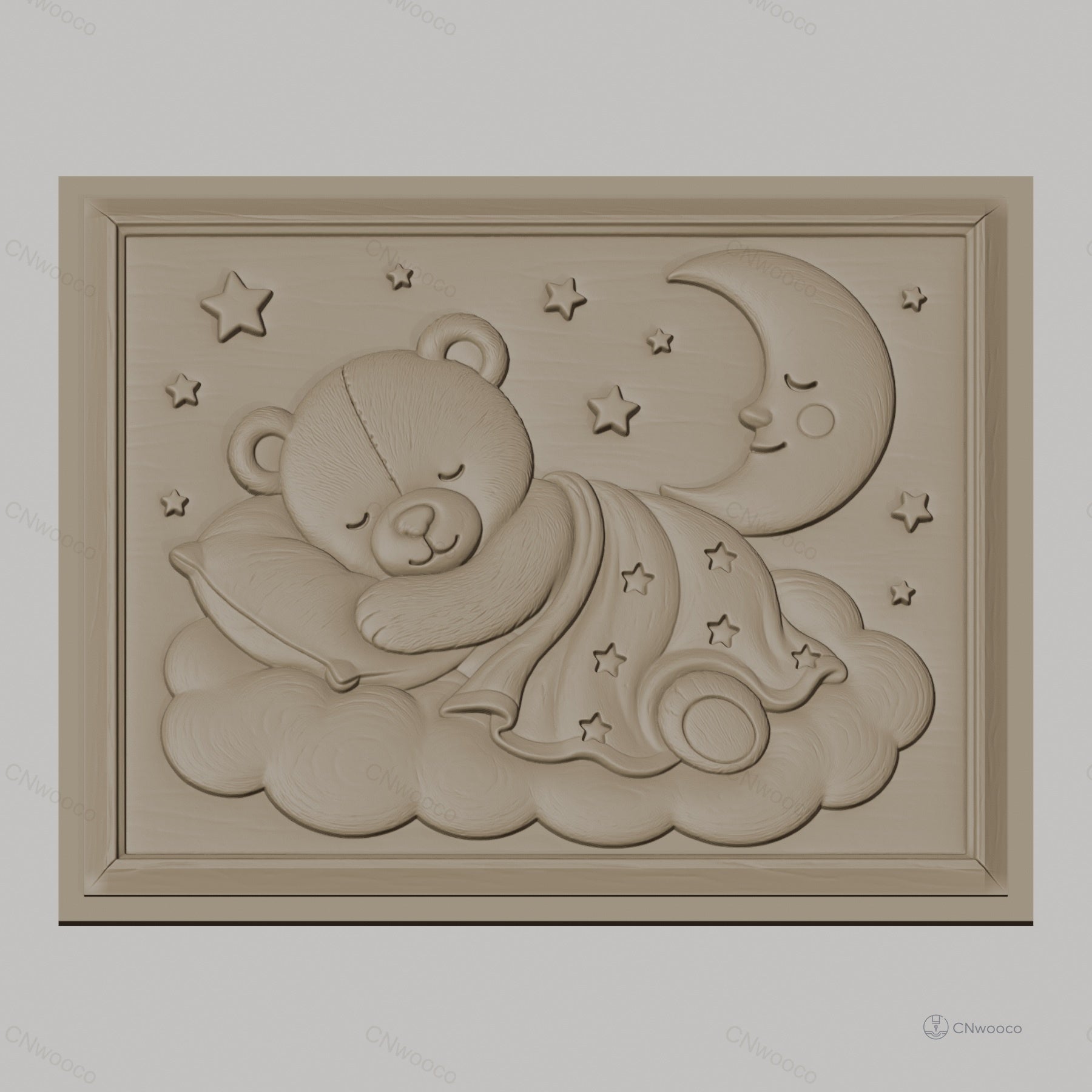 Fichier CNC & impression 3D ours endormi sur nuage, lune et étoiles, haute qualité relief STL