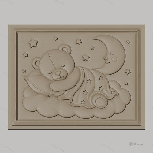 Fichier CNC & impression 3D ours endormi sur nuage, lune et étoiles, haute qualité relief STL