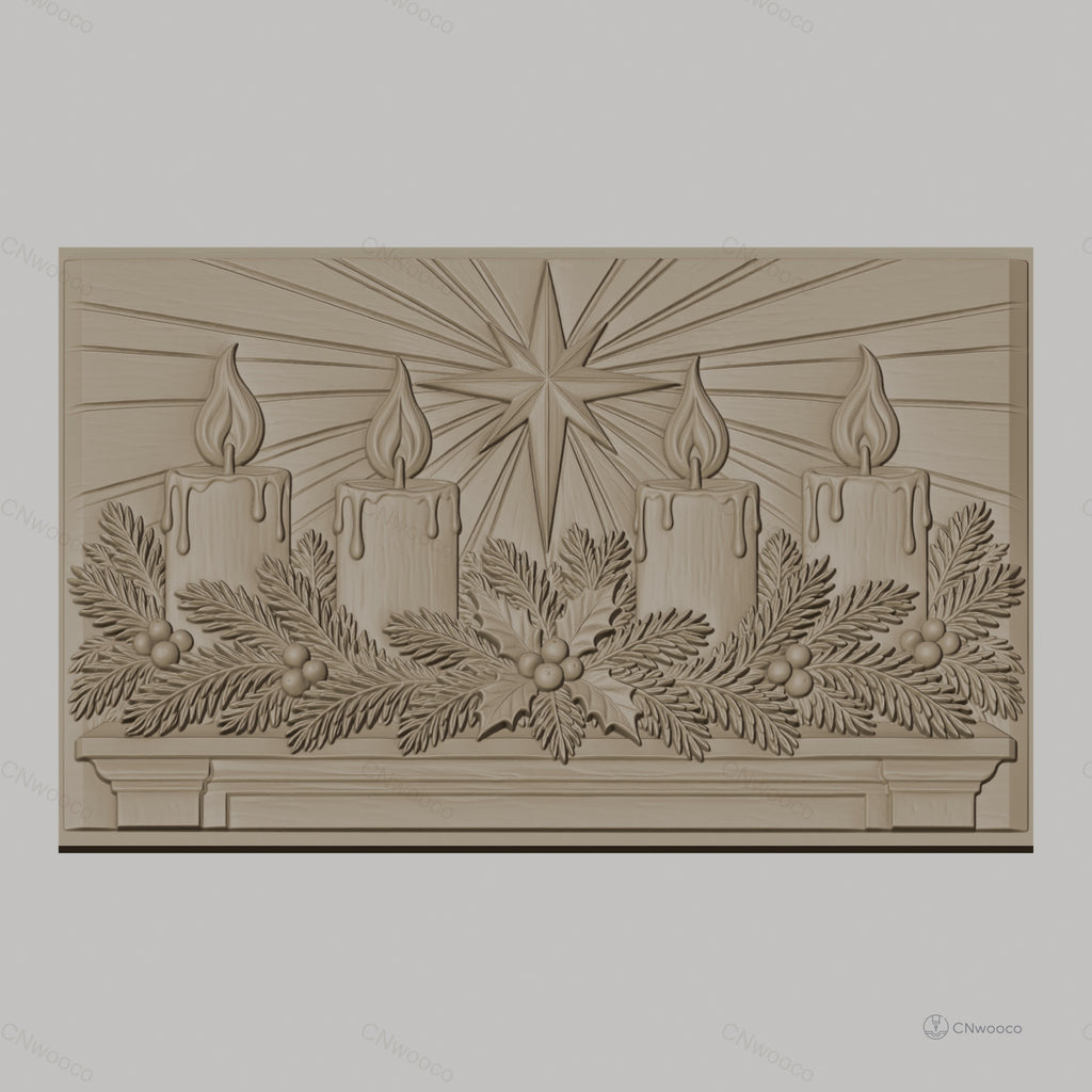 Fichier CNC & impression 3D décoration de Noël, bougies, houx, étoile, haute qualité relief STL