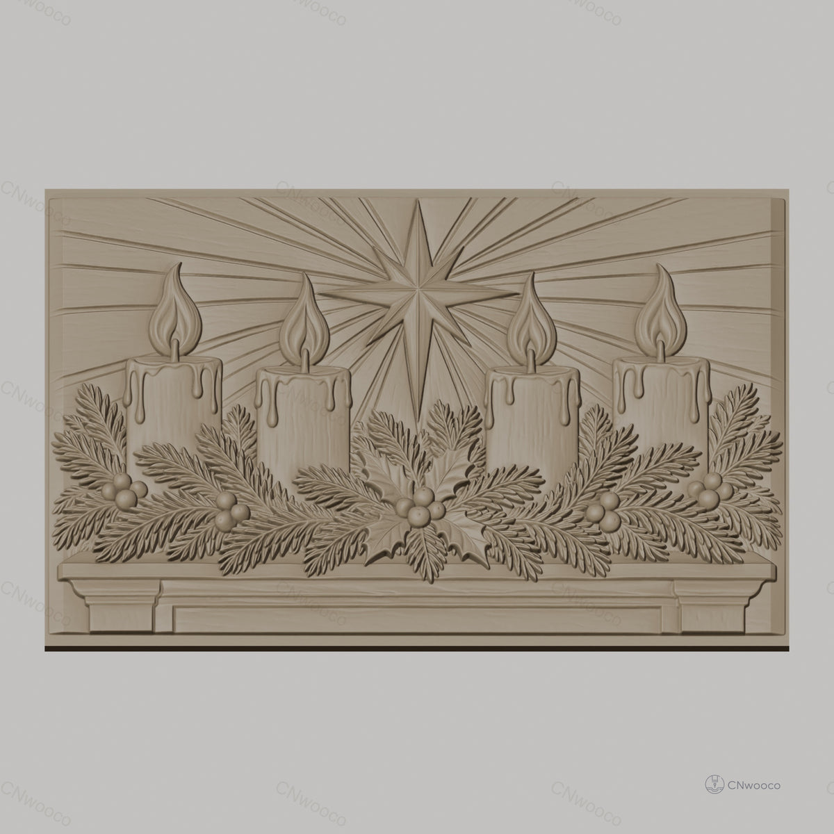 Fichier CNC & impression 3D décoration de Noël, bougies, houx, étoile, haute qualité relief STL