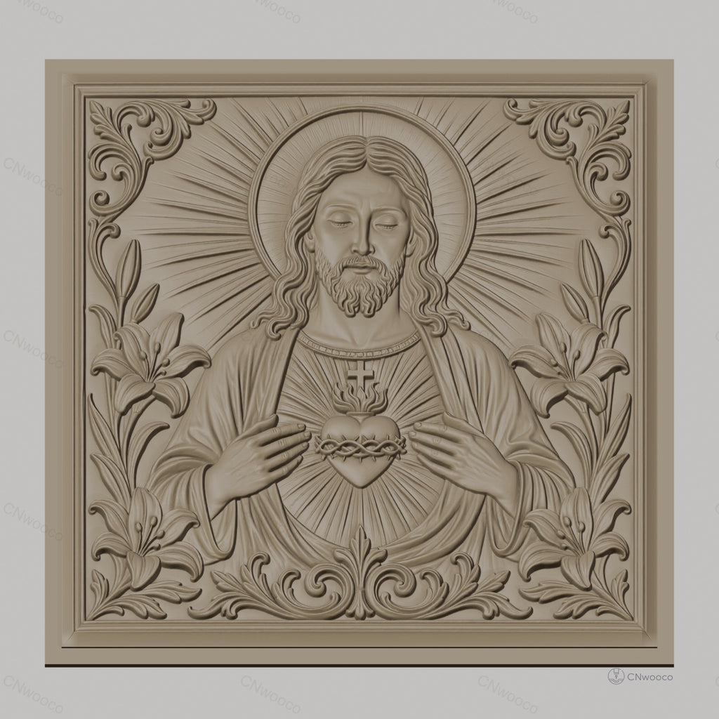 Fichier CNC & impression 3D Jésus Christ, cœur sacré, lys et ornements, haute qualité relief STL