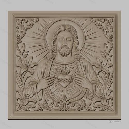 Fichier CNC & impression 3D Jésus Christ, cœur sacré, lys et ornements, haute qualité relief STL