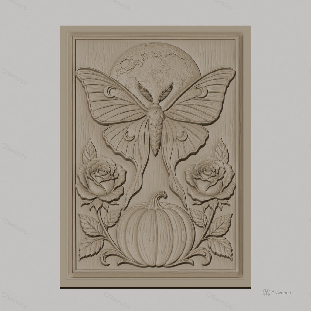 Fichier CNC & impression 3D papillon de nuit, lune, citrouille et roses, haute qualité relief STL