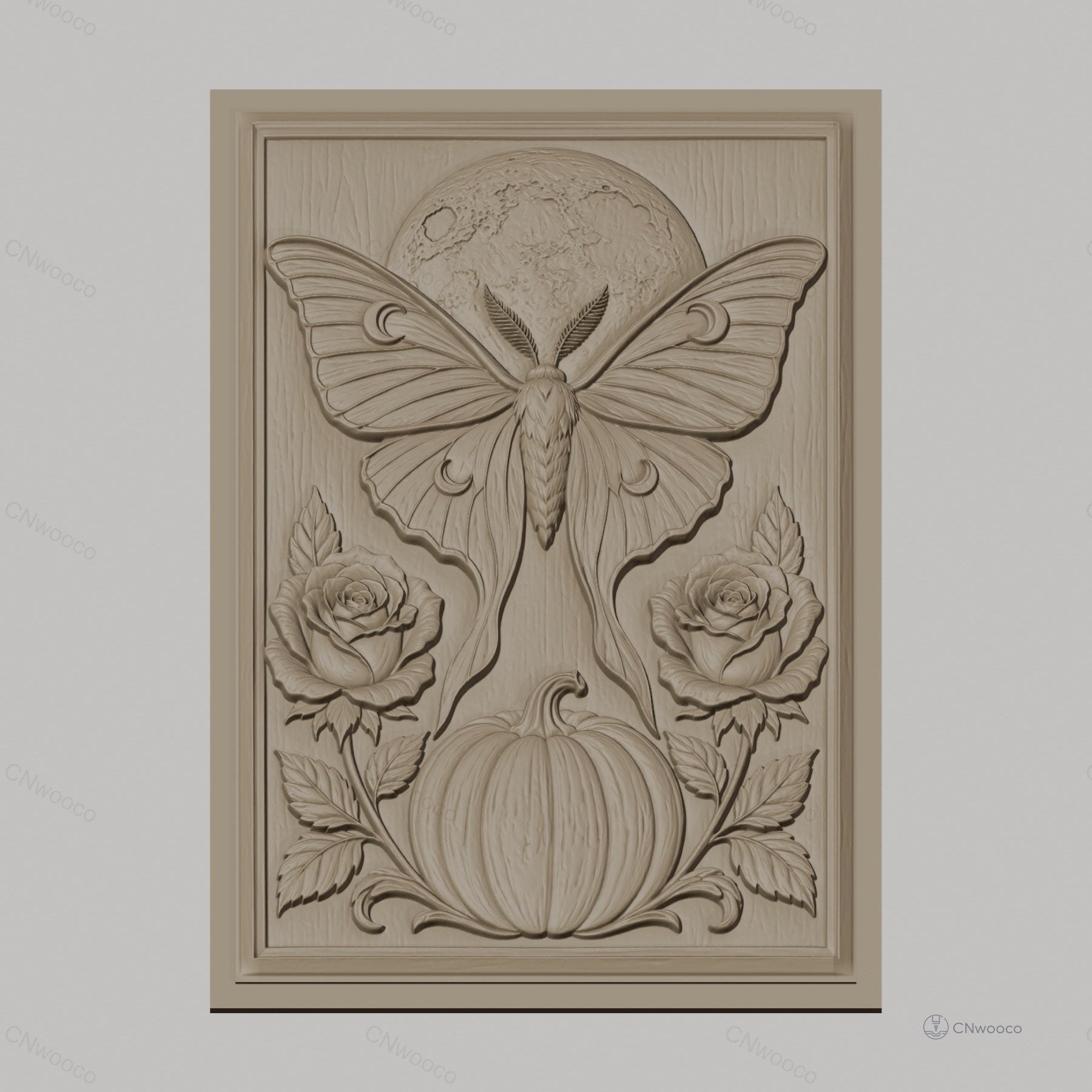 Fichier CNC & impression 3D papillon de nuit, lune, citrouille et roses, haute qualité relief STL