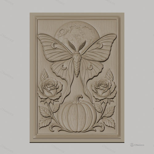 Fichier CNC & impression 3D papillon de nuit, lune, citrouille et roses, haute qualité relief STL