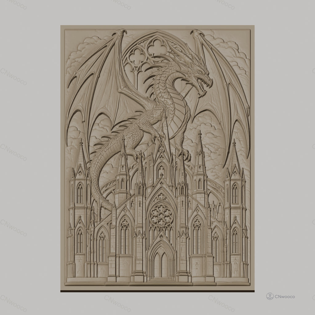 Fichier CNC & impression 3D dragon médiéval, château gothique détaillé, haute qualité relief STL