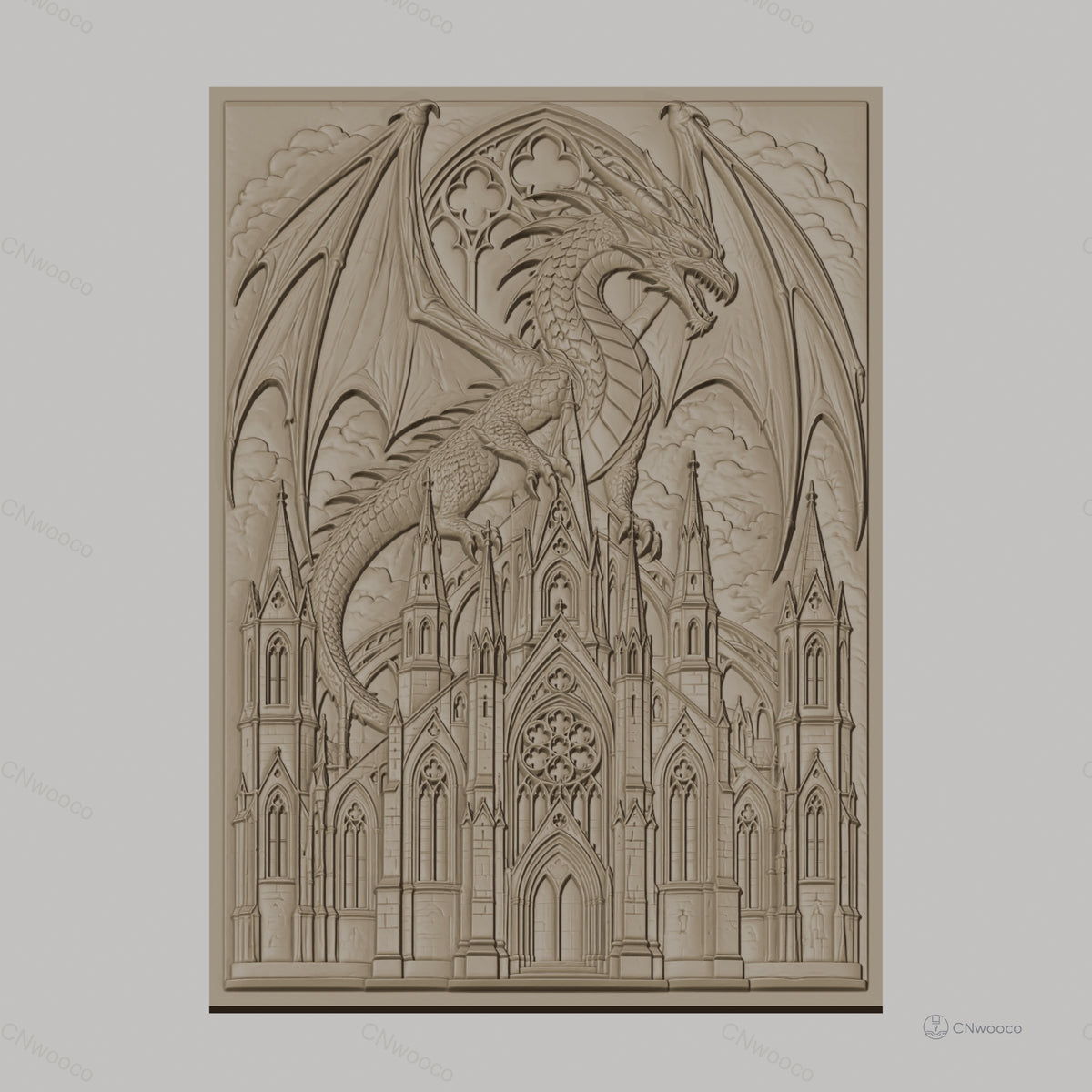 Fichier CNC & impression 3D dragon médiéval, château gothique détaillé, haute qualité relief STL