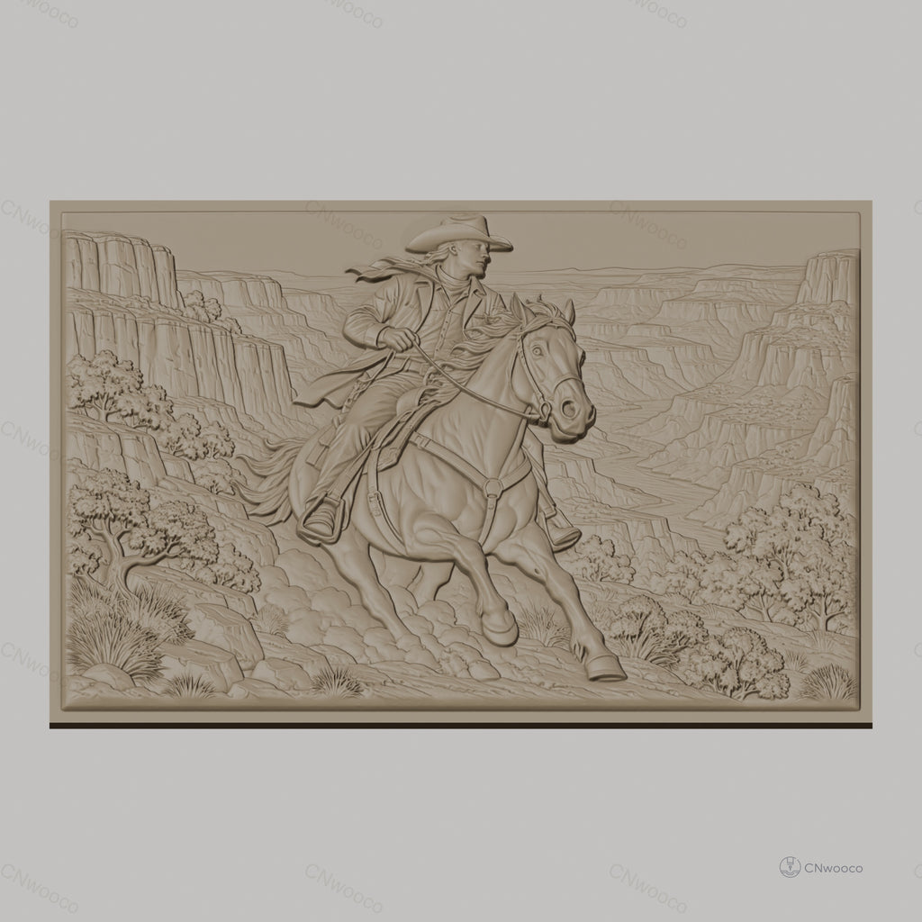 Fichier CNC & impression 3D cowboy à cheval dans canyon, paysage sauvage, haute qualité relief STL
