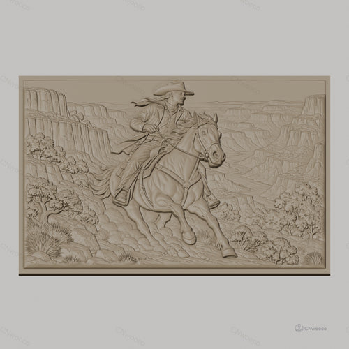 Fichier CNC & impression 3D cowboy à cheval dans canyon, paysage sauvage, haute qualité relief STL