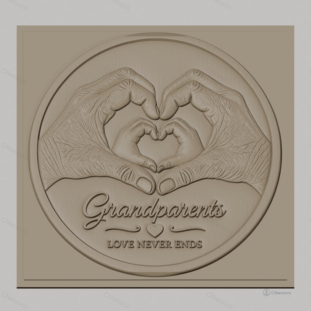 Fichier CNC & impression 3D Grandparents, mains formant coeur, texte love never ends, haute qualité relief STL