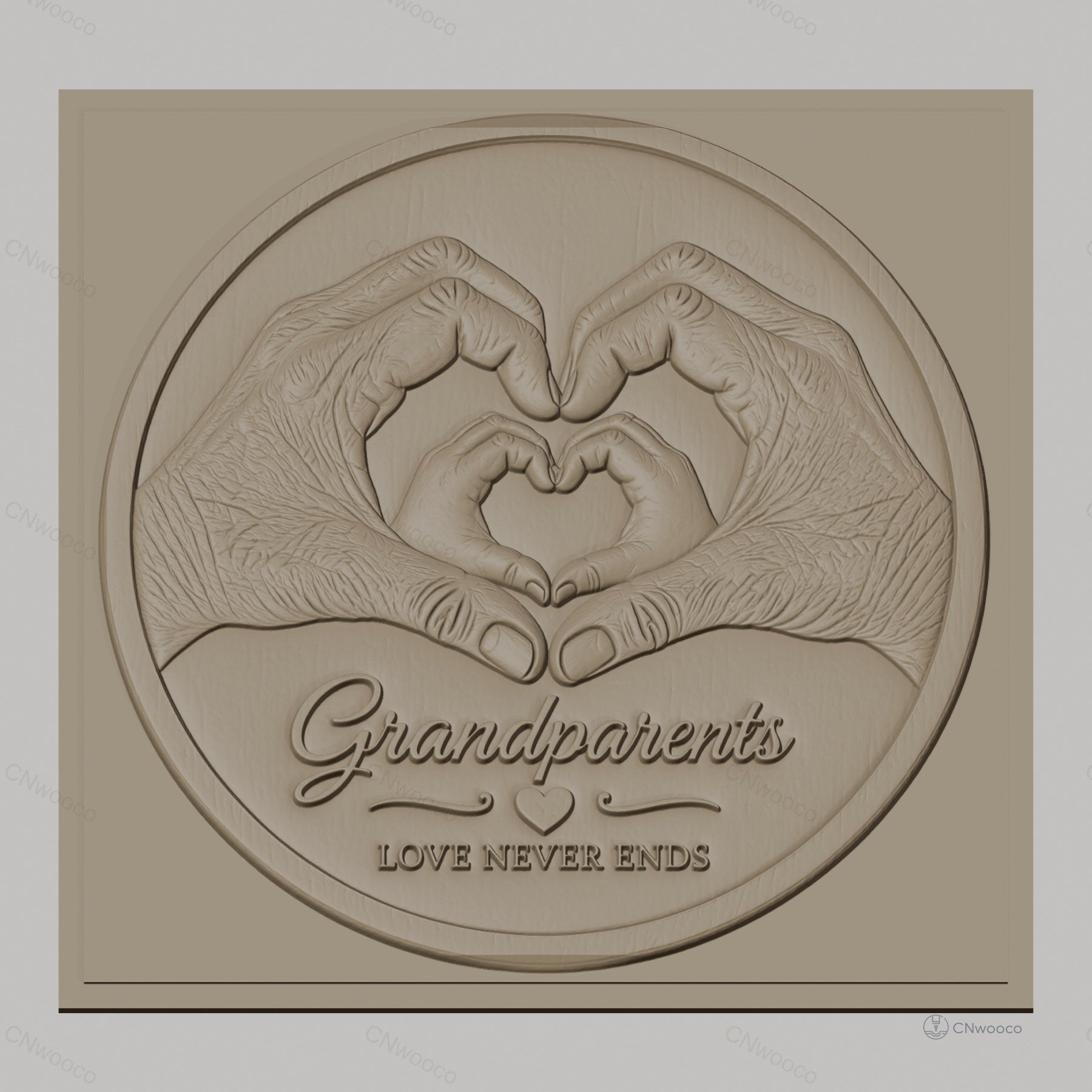 Fichier CNC & impression 3D Grandparents, mains formant coeur, texte love never ends, haute qualité relief STL