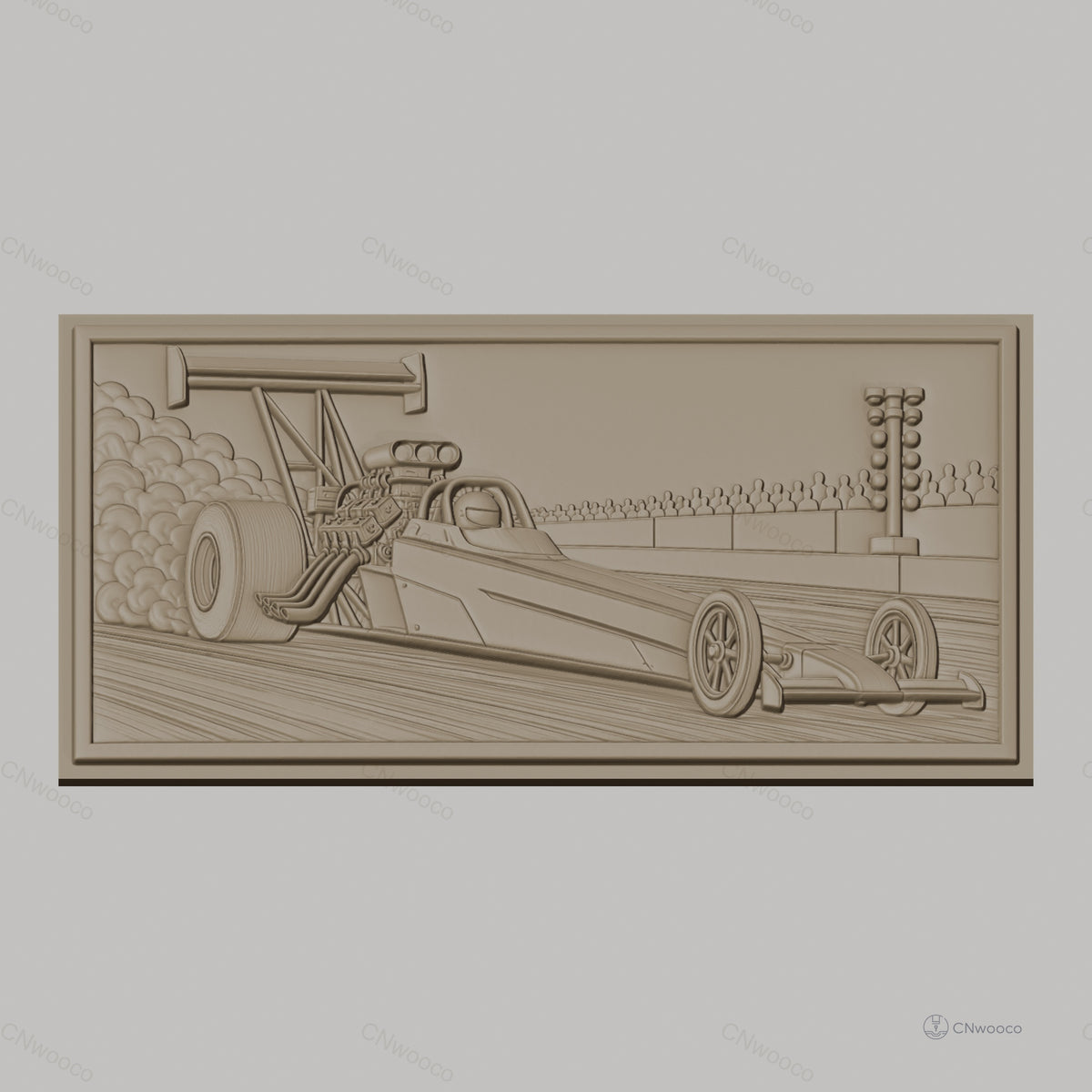 Fichier CNC & impression 3D voiture dragster, course, fumée et public, haute qualité relief STL