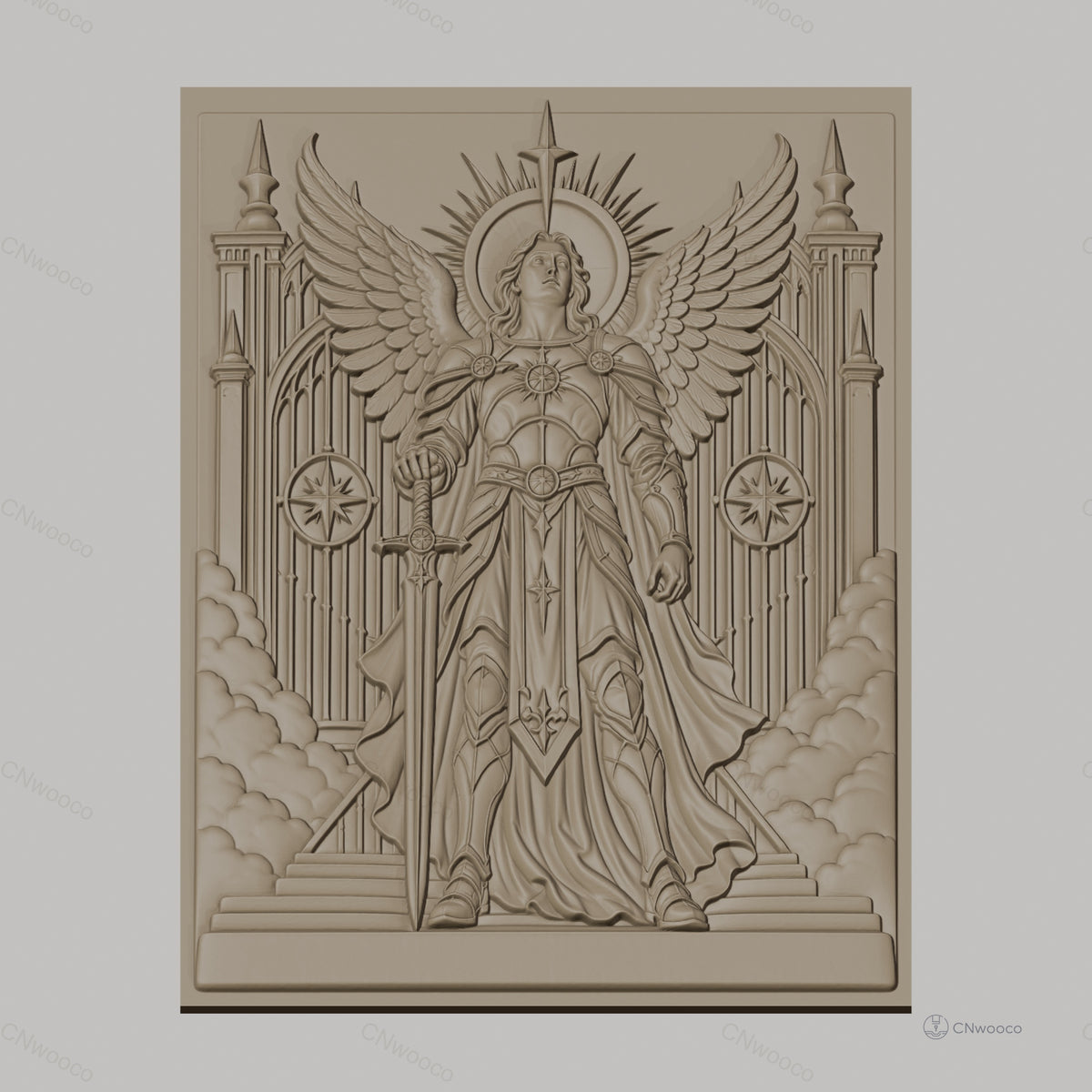 Fichier CNC & impression 3D ange guerrier, épée, ailes, portail céleste haute qualité relief STL