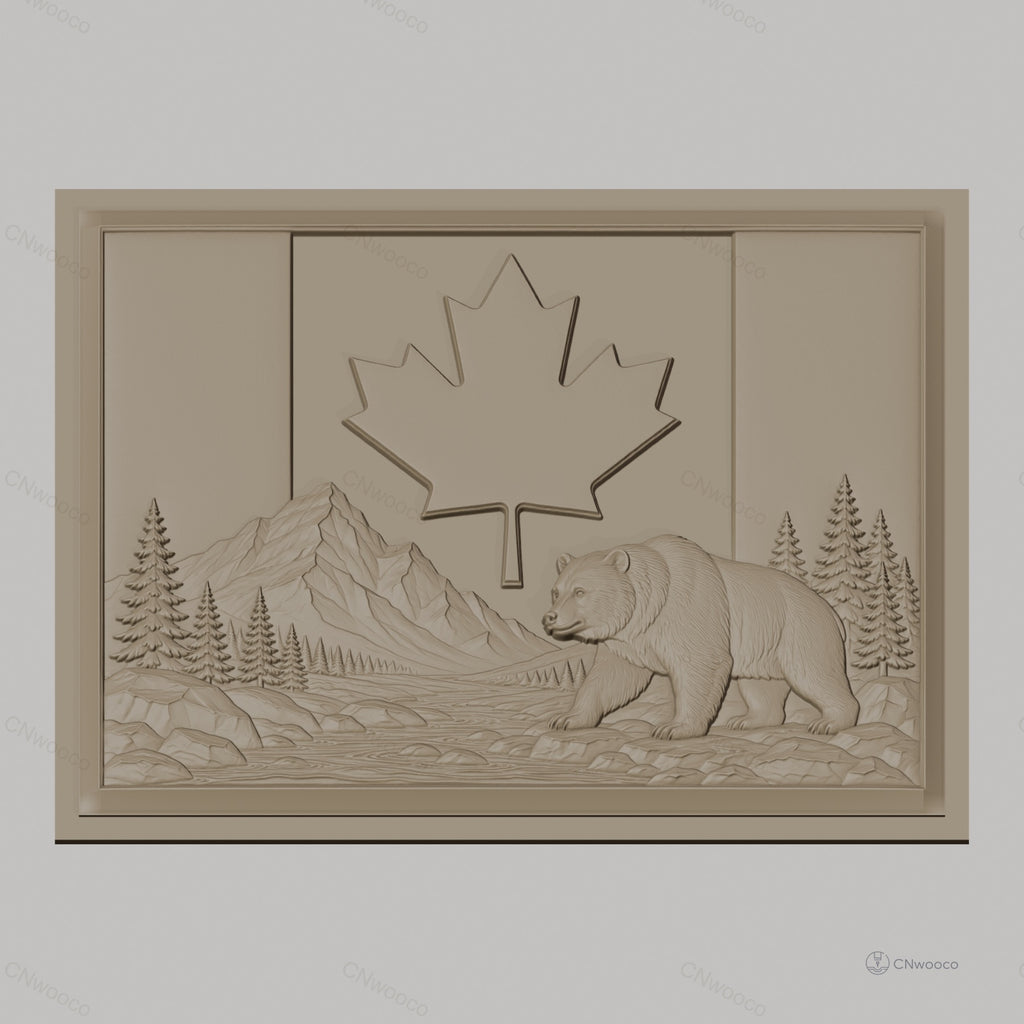 Fichier CNC & impression 3D drapeau Canada, ours, montagne, rivière, sapins, haute qualité relief STL