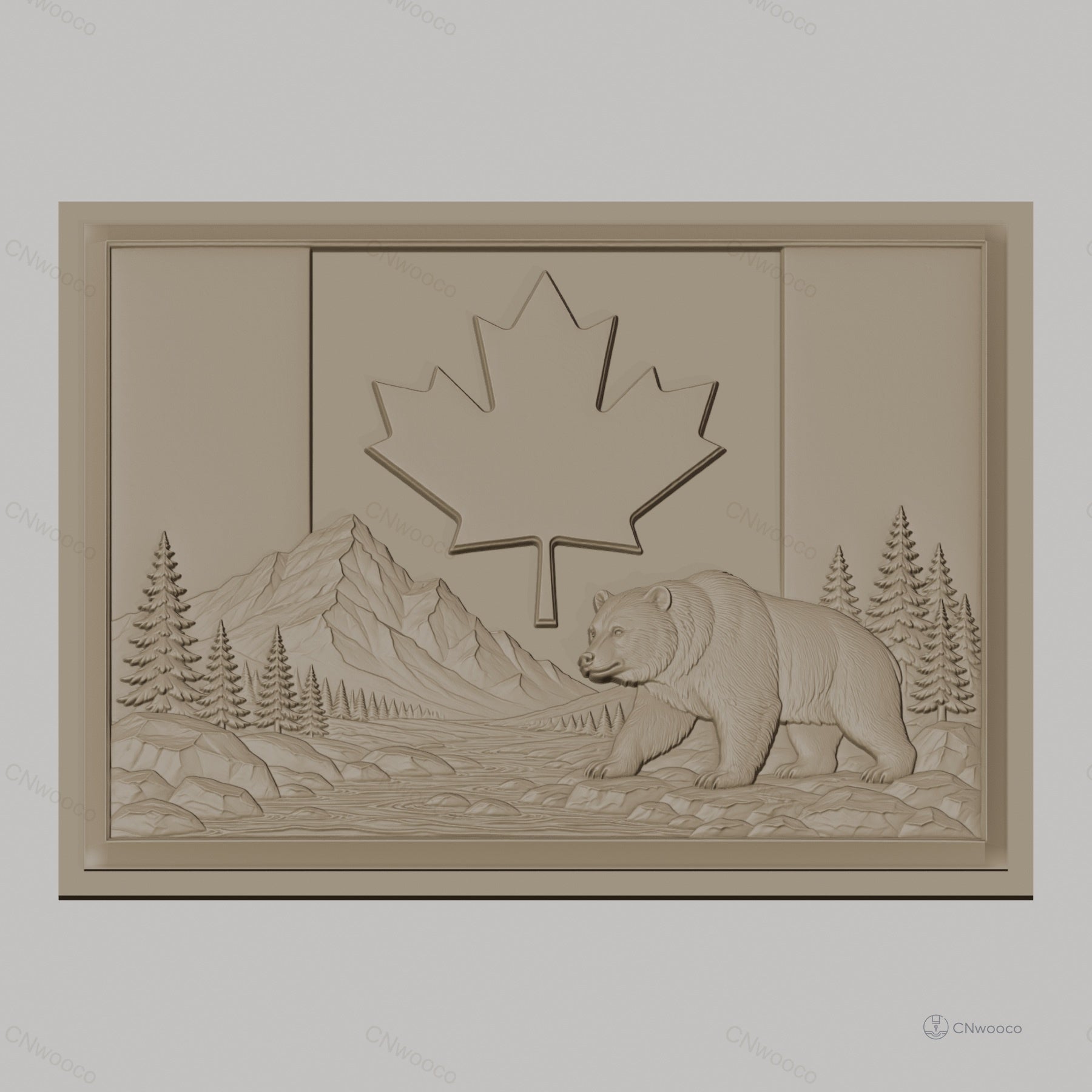 Fichier CNC & impression 3D drapeau Canada, ours, montagne, rivière, sapins, haute qualité relief STL