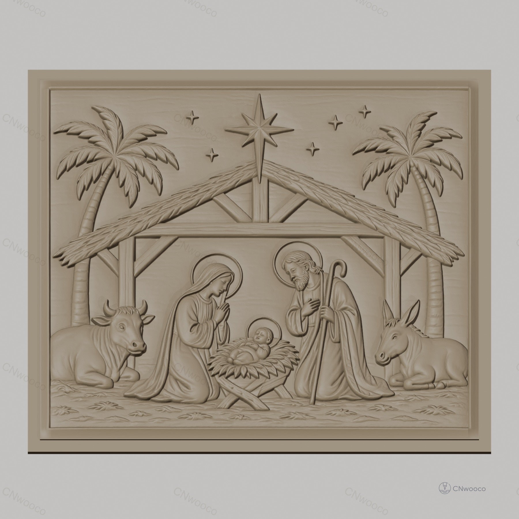 Fichier CNC & impression 3D Nativité, crèche avec Marie Joseph bébé Jésus et animaux, haute qualité relief STL