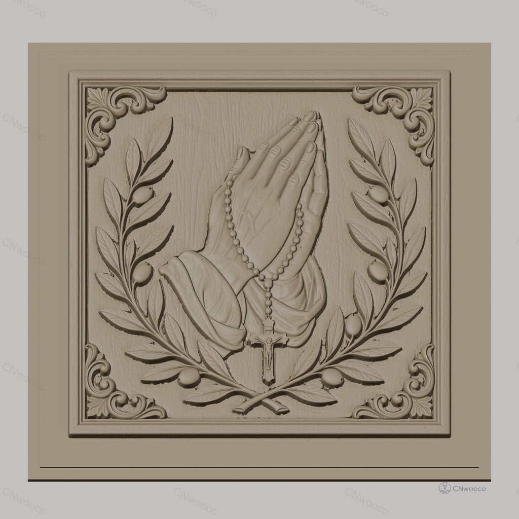 Fichier CNC & impression 3D mains en prière, chapelet et branches d’olivier, haute qualité relief STL