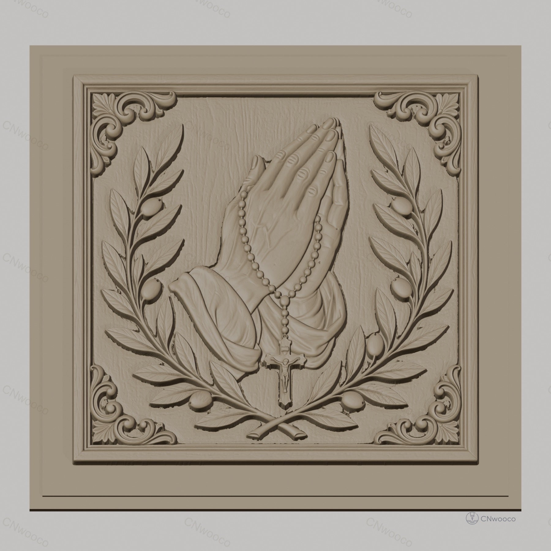 Fichier CNC & impression 3D mains en prière, chapelet et branches d’olivier, haute qualité relief STL