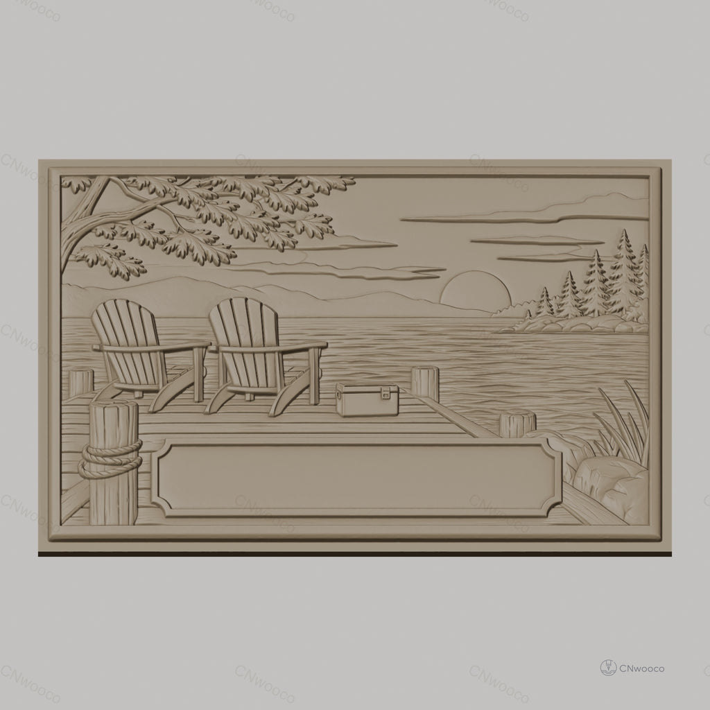 Fichier CNC & impression 3D bord de lac, chaises Adirondack sur quai avec coucher de soleil, haute qualité relief STL