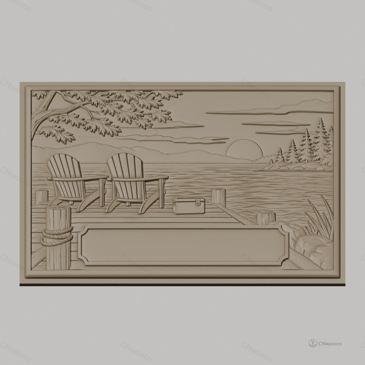 Fichier CNC & impression 3D bord de lac, chaises Adirondack sur quai avec coucher de soleil, haute qualité relief STL
